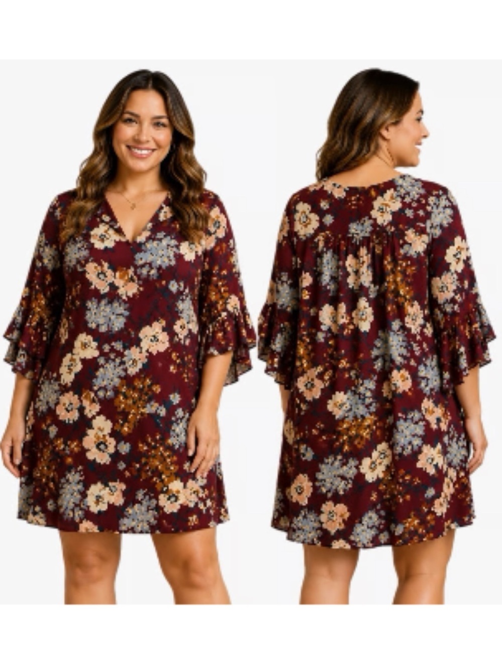 Umgee Burgundy Floral Ruffle Sleeve Boho Mini Dress Large